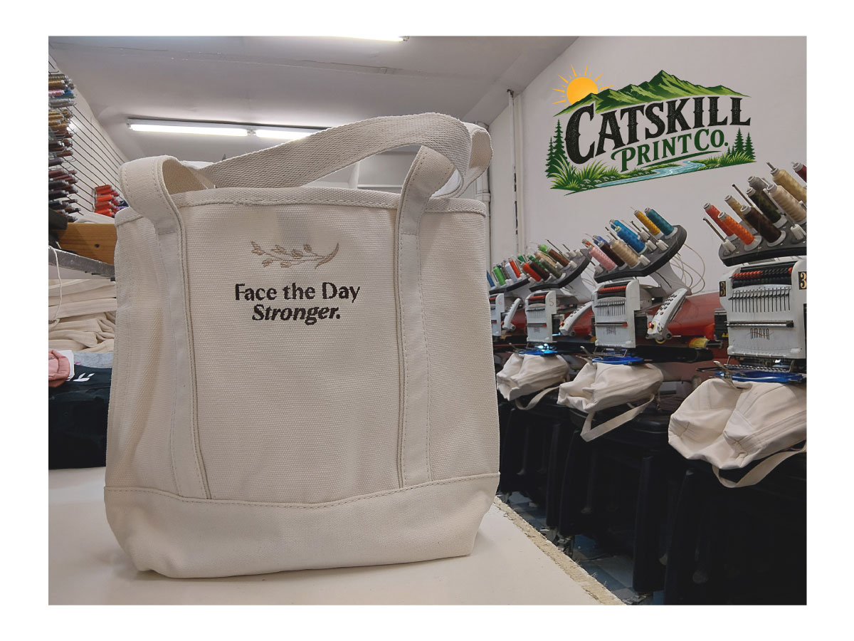 Embroidered tote bag inside an embroidery production shop