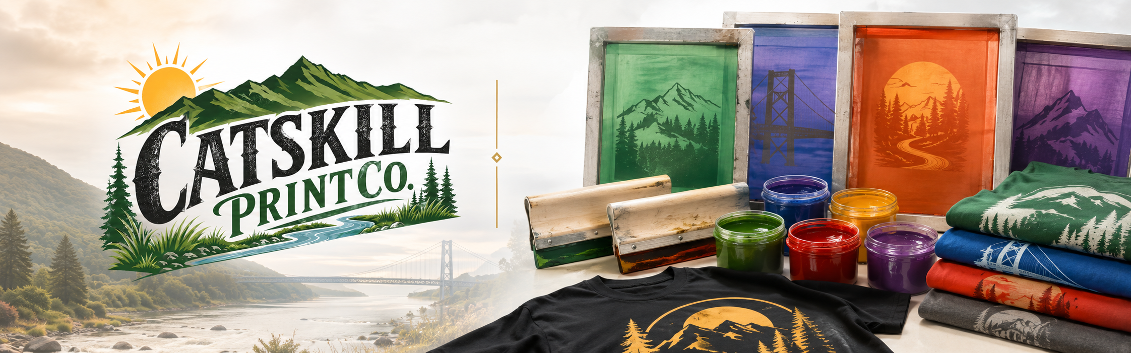 Catskill Print Co. screen printing banner with screens, ink, shirts, and Hudson Valley branding
